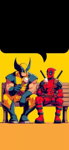 two deadpools sitting on a bench with a speech bubble above them