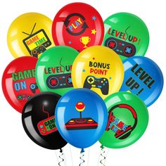 a bunch of balloons with different types of games on them