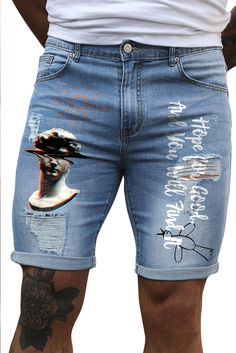 Sky Blue Letters Graphic Print Skinny Fit Distressed Men's Denim Shorts Blue Jeans With Letter Print For Summer, Summer Denim Jeans With Letter Print, Denim Ruffle Dress, Blue Letters, Mens Denim Shorts, Petal Sleeve, Women Halter, Nursing Bra, Mens Denim