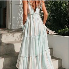 Tie Shoulder Maxi Dress With Gold Metallic Threading And Crochet Heart Details On Ties. Tiered Skirt. Nwot Long Beach Dress Vacations, Shower Dress, White Floral Maxi Dress, Vibrant Dress, Green Pastel, Long Beach Dress, Spaghetti Strap Maxi Dress, Shower Dresses, Crochet Heart