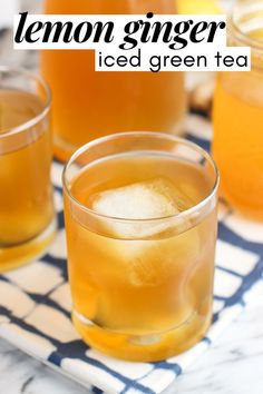 lemon ginger iced green tea in glasses on a blue and white checkered cloth with text overlay