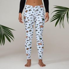 Perfect for a sea turtle lover, these leggings are made out of stretchy materials, soft microfiber yarn, and are also UPF 50+.  Individually printed, cut and hand-sewn! * 82% polyester, 18% spandex * Fabric weight (may vary by 5 6.78 oz./yd.² (230 g/m²) * UPF 50+ * Four-way stretch fabric that stretches and recovers on the cross and lengthwise grains * Made with a smooth and comfortable microfiber yarn * Raised waistband * Soft, 0.25″ (0.6 cm) wide, clear elastic in the waistband for extra comfo Legging Outfits, A Sea, Outfits With Leggings, Sea Turtle, Spandex Fabric, Upf 50, Stretchy Material, Hand Sewing, Stretch Fabric