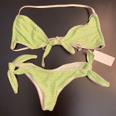 Luxury Swimwear Liquidation!!! Super Cute Lime Green Gingham Bikini With White Straps - 100% Made In The Usa! ~Slightly Cheeky Bottoms With Adjustable Tie Sides. ~Cute White Lace Edges ~ Top Has Adjustable Tie In Front Center And Mid Back, Neck Strap Adjusts Through Side Channels ~Custom Design And Hand Picked Fabrics ~Fast Free Shipping!!! (Last Photo Is Of The Same Style Bikini But In A Different Color) Bundle And Save! Beach Week, Lace Edges, Green Gingham, Luxury Swimwear, Swim Suits, Same Style, Lace Edging, Beach Wears, Beach Wear