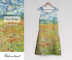 Linen dress Vincent van Gogh Poppy field Summer Vacation Dresses With Digital Print, Summer Beach Dress With Digital Print, Artistic Floral Print Summer Dress, Spring Beach Dress With Digital Print, Spring Beach Dresses With Digital Print, Artistic Summer Beach Dresses, Artistic Summer Dresses For The Beach, Summer Green Dress With Digital Print, Summer Green Dresses With Digital Print