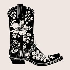 a black and white cowboy boot with flowers