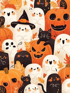 a group of cats and pumpkins with faces painted on them, all in different colors