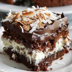 a piece of cake on a plate with chocolate frosting and coconut sprinkles