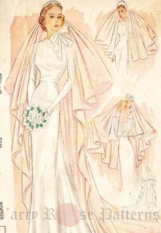 an old fashion sewing pattern for a wedding gown and veil with flowers on the side