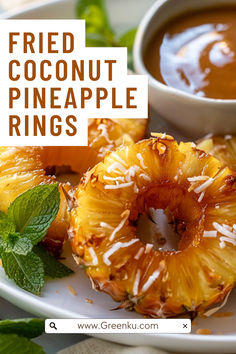 Fried Coconut Pineapple Rings with Creamy Dipping Sauce , These Fried Coconut Pineapple Rings are a delicious and tropical treat that’s perfect for a dessert or a sweet snack. The crispy coconut coating complements the juicy pineapple, and the creamy dipping sauce adds a perfect finishing touch. This recipe can be easily adapted to be gluten-free or vegan. Fried Pineapple Rings With Coconut, Fried Coconut Pineapple Rings, Fried Pineapple Rings With Creamy Coconut Dipping Sauce, Fried Pineapple With Coconut Crust, Pineapple Treats, Healthier Deserts, Pineapple Appetizers, Vacation Meal Planning