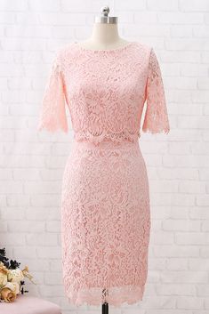 MACloth Short Sleeves Lace Peach Cocktail Dress Knee Length Wedding Pa Pink Lace Dress For Wedding, Elegant Pink Lace Dress For Wedding, Elegant Pink Lace Wedding Dress, Pink Short-sleeved Evening Dress For Wedding, Pink Short Sleeve Evening Dress For Wedding, Fitted Pink Lace Wedding Dress, Pink Lace Bridesmaid Wedding Dress, Fitted Peach Dress For Wedding, Feminine Sheath Wedding Dress