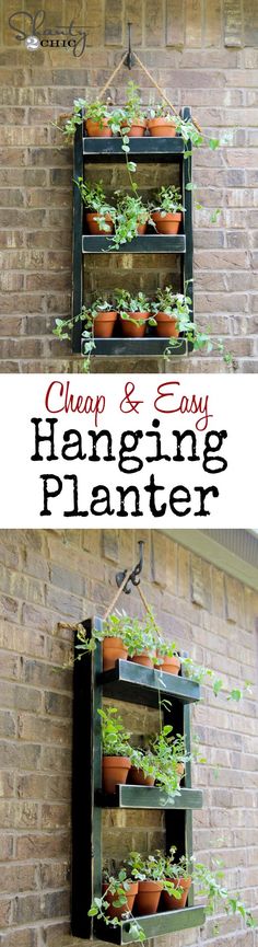 hanging planter made out of an old window frame with plants growing in it and text overlay reading cheap & easy hanging planter