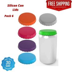 three different colors of plastic containers with lids for sale on the front and back side