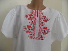 Embroidered blouse with traditional Bulgarian embroidery came from the centuries Folk Blouse With Multicolor Embroidery Motif, Traditional Spring Blouse With Machine Embroidery, Red Embroidered Blouse For Festivals, Red Blouse With Embroidered Border For Festivals, Traditional White Embroidered Top, Traditional White Peasant Top With Intricate Embroidery, Traditional Red Blouse With Embroidered Border, Bohemian White Blouse With Motifs, White Traditional Tops With Traditional Patterns