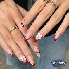 24pcs Wine Red Almond Press on Fake Nail French Pearl Cherry False Full Cover Nail Ballet Art 3D Bow Acrylic Nails Stiletto, Cherry Nails, Nagel Tips, French Tip Acrylic Nails, Red Nail Designs, Fire Nails, Pretty Acrylic Nails, Artificial Nails, Valentines Nails