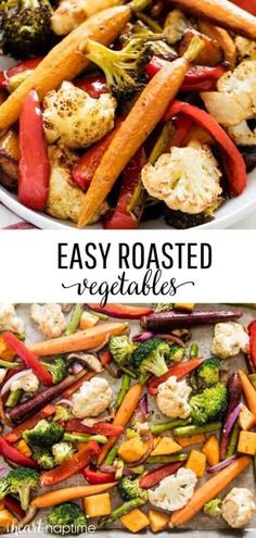 roasted vegetables and broccoli on a plate with the words easy roasted vegetables over them