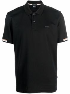 black/pale beige/off white cotton stripe trim embroidered logo at the chest polo collar front button placket short sleeves straight hem Short Sleeve Polo Shirt With Contrast Stripes For Workwear, Classic Collared Polo Shirt With Signature Stripes, Classic Polo Shirt With Signature Stripes, Classic Black Polo Shirt With Striped Collar, Casual Short Sleeve Polo Shirt With Striped Cuffs, Classic Short Sleeve Polo Shirt With Striped Cuffs, Black Polo Shirt With Striped Collar, Black Cotton Polo Shirt With Striped Collar, Black Collared Tops With Striped Cuffs