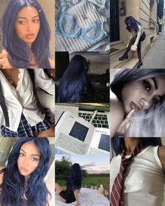 a collage of photos with blue hair