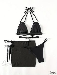 Eromis - Womens Solid Black Tie Strap 3-Piece Swimsuit Set with Halter Criss Cross V String Bikini, Mesh Wrap Skirt, and Swimwear Black Stretchy Sets For Summer, Stretch Black Sets For Summer, Black Stretch Sets For Summer, Fitted Sets For Vacation In Solid Color, Fitted Solid Color Vacation Sets, Fitted Vacation Sets In Solid Color, Fitted 3-piece Set For Summer, Fitted Solid Color Sets For Vacation, Summer Swimming Sets With Triangle Top