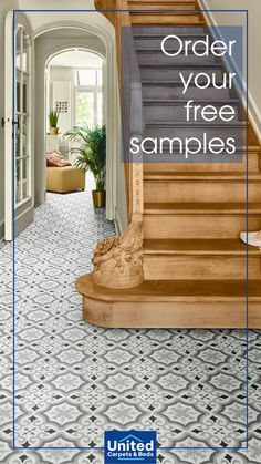 An entrance hallway with a wooden staircase and bold patterned tile effect vinyl floor. United carpets and Beds logo and text overlay reading Order your free samples. Vynal Flooring, Vinyl Flooring Ideas, Tile Effect Vinyl Flooring, Ikea Cupboards, Small Conservatory, Landing Stairs, Pallet Coasters, Hall Tables, House Shopping