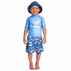 Set Includes: (1) Top, (1) Boardshort, (1) Reversible Bucket Hat Tops Feature Full Garment Flat Lock Seams Board Shorts Feature Full Mesh Lining, Elastic Waist And Functional Drawstrings Sizes 12/18m And 2t Tops Feature Snaps At Back Neck For Easier On And Off Size 12/18m Board Shorts Feature Waterproof Liner Bucket Hats Are Reversible Quick Dry Material Upf 50+ Sun Protection Tops: 85% Polyester | 15% Elastane Board Shorts: 100% Polyester Reversible Bucket Hat: 100% Polyester Playful Swimwear With Uv Protection For Ocean Activities, Blue Swimwear With Upf 50+ For Playtime, Playful Swimwear With Upf 50+ For Ocean Activities, Fun Blue Swimwear With Uv Protection, Summer Beach Sets With Uv Protection, Uv Protection Swim Sets For Summer, Summer Swimming Sets With Uv Protection, Uv Protection Sets For Summer Swimming, Uv Protection Sets For Swimming In Summer