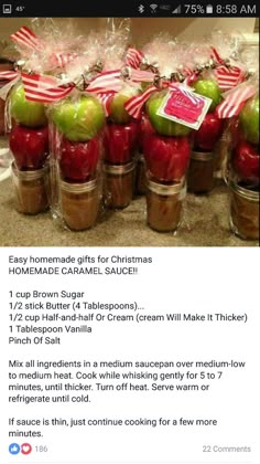 the recipe for homemade caramel sauce is displayed in front of jars filled with apples