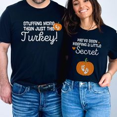 Get ready for a fun Thanksgiving surprise with these adorable pregnancy announcement shirts! Her shirt says "We've been keeping a little secret" with a cute pumpkin and baby feet graphic, while his cheeky shirt says "Stuffing more than just the turkey." Perfect for a fall maternity reveal, these cozy sweaters make your big news extra festive and memorable! Product Details: 👕 T-shirt Brands Bella + Canvas Unisex Style T-Shirt Gildan 18000 Unisex Style Sweatshirt ⏳🚚 Production & Shipping Each item is made to order and will ship within 1-5 business days through one of our printing partners. Shipping typically takes 2-5 business days after production. Please double-check your shipping address before checkout--if an item needs to be re-shipped due to an incorrect address, additional fees may Thanksgiving Pregnancy Announcement, Fall Pregnancy Announcement, Pregnancy Announcement Photos, Maternity Sweater, Pregnancy Announcement Shirt, Fall Maternity, Pregnant Couple, Funny Thanksgiving, Expecting Baby