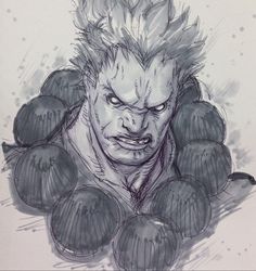 a drawing of a man with many balls around his neck