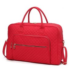 Jayla Duffle bag, a stylish and versatile companion for your adventures. Crafted from quilted cotton material, it offers durability with a timeless style. The standout feature is its multiple front zippered pockets, providing easy access to your belongings. A trolley sleeve pocket at the back makes it effortless to slide over your rolling suitcase handle. For added convenience, it has vegan leather top handles and a detachable crossbody strap. The well-organized interior accommodates all your essentials with ease. Wherever your journey takes you, do it with style and functionality. Measurements: 17.7 W x 12 H x 6.7 D, Handle Drop: 5, and a removable and adjustable Crossbody strap that extends to 25. Size: Oversize.  Color: Red.  Pattern: solid. Suitcase Handle, Bag For Travel, Luggage Accessories, Travel Companion, Weekender Bag, Blue Bags, Duffel Bag, Travel Gear, Leather Top