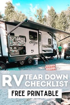 an rv parked on gravel with the words rv tear down checklist free printable