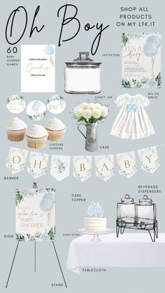 a baby shower party with blue and white decorations