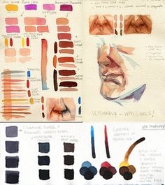 an artist's workbook with various colored pencils and ink on paper, including different