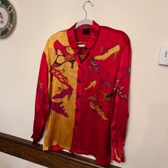 This Is A Gorgeous All Silk Gold, Red, Purple, Camel Button Up Blouse By Escada In A Size 10-12. Bust 21.5", Sleeves 22.5, Length 29. One Owner From Smoke And Pet Free Home. Very Glamorous And Comfy. Vintage, 80's, Rarely Worn - More Collected With Padded Shoulders That Can Be Removed, In Excellent Condition This Is A Rare Blouse. I See Another One Listed In Size 44 Here For 350 Multicolor Silk Collared Blouse, Multicolor Long Sleeve Silk Blouse, Luxury Multicolor Retro Blouse, Multicolor Print Long Sleeve Silk Blouse, Multicolor Silk Button-up Blouse, Up Shoes, Red Gold, Size 10, Button Up