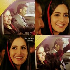 two pictures of people in a car with one woman smiling and the other man driving