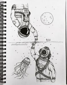 a drawing of an astronaut holding up a jellyfish