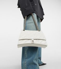 Downtown Small Leather Shoulder Bag in White - Balenciaga | Mytheresa White Balenciaga, Balenciaga Women, Small Shoulder Bags, Fancy Bags, Small Shoulder Bag, Leather Chain, White Bag, Shoulder Bag Women, Bag Making