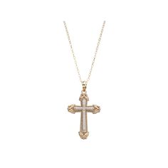 Created with an ornate filigree design, this two-tone 10k gold cross pendant shimmers with eternal beauty. Click on this JEWELRY & WATCHES GUIDE to learn about fit, styles, materials and more!PENDANT DETAILS Pendant length: 1.26 in. Chain length: 18 in. Clasp: spring-ring Metal: 10k gold Plating: rhodium Additional details: 14k gold-filled chain Size: One Size. Gender: female. Age Group: adult. Yellow Gold Cross Pendant For First Communion, 14k Gold Cross Jewelry With Diamond Accents, Gold Crucifix Jewelry With Diamond Accents, White 14k Gold Filigree Jewelry, Yellow Gold Crucifix Jewelry For First Communion, Elegant Gold Crucifix Jewelry, Engraved Rose Gold Cross Jewelry, Classic Crucifix Jewelry For First Communion, Elegant White Crucifix Necklace