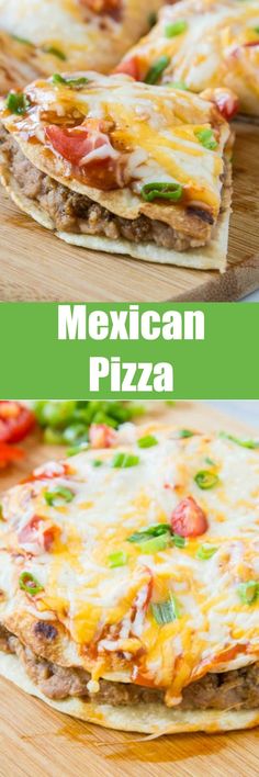 the mexican pizza is cut into four pieces and ready to be served on the table