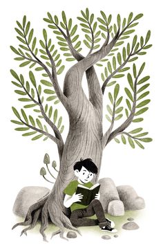 a drawing of a boy reading a book in front of a tree with green leaves