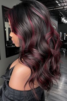 45 Sizzling Hot Red Highlights Ideas for Black Hair - Flo's Blog Highlights Ideas For Black Hair, Black Hair With Red Highlights, Ideas For Black Hair, Red Hair With Highlights, Cherry Red Hair, Black Red Hair, Highlights Ideas, Black Hair Balayage, Hair Color Underneath