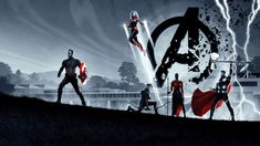 an image of the avengers in action with lightning coming from behind them and people standing on top of a hill