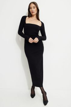 This rib knit maxi dress is designed to have a bodycon fit. Features - Straight neck - Draping and ruching at front - Bolero-style long sleeves Size & Fit - Bodycon - Stretch fabric - Model is wearing size XS Materials & Care - 92% rayon, 8% spandex - Machine wash, cold - Imported Bolero Style, Knit Maxi Dress, Warm Dresses, Maxi Dress Black, Maxi Knit Dress, Dress Size Chart, Black Maxi Dress, Trend Setter, Trending Accessories