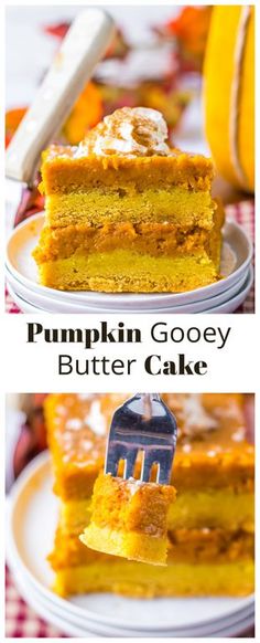 pumpkin gooey butter cake on a plate with a fork