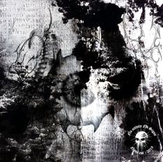 black and white photograph of trees with skulls on it's face, in front of an old newspaper page