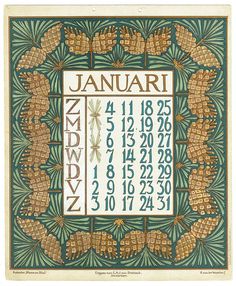 the calendar for january with pine cones and leaves on it's border, as well as dates in roman numerals