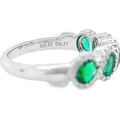 18 Karat White Gold Ring Featuring 5 Oval Emeralds Totaling 0.99 Carats Accented by 74 Round Diamonds of VS Clarity and G Color Totaling 0.25 Carats. Finger Size 6.5. Jae's Jewelers includes one ring sizing service on most ring purchases; please indicate desired size in checkout notes. Emerald Cluster Ring With Halo Design, Gia Certified Cubic Zirconia Round Emerald Ring, Green Platinum Halo Ring, Emerald Ring With Vvs Clarity Round Cut, Classic Round Emerald Ring With Halo Design, Halo Diamond Ring For May Birthstone, Classic Platinum Emerald Ring With Halo Design, Halo Design Diamond Ring For May Birthstone, Luxury Green Half Eternity Ring