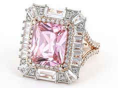 Vanna K™ Bella Luce® pink and white diamond simulants 13.47ctw emerald, baguettes, and round Eterno™ 18k rose gold over sterling silver and Platineve™ ring. Measures approximately 0.88"L x 0.81"W and is not sizable. Each Vanna K™ design has a signature label that features a lab created sapphire. The diamond equivalent weight is 8.16ctw. Elegant Pink Baguette Diamond Jewelry, Elegant Pink Jewelry With Baguette Diamonds, Fine Jewelry Pink Baguette Diamonds, Pink Baguette Diamond Fine Jewelry, Pink Baguette Diamond Rings, Pink Jewelry With Baguette Diamonds For Anniversary, Elegant Pink Baguette Cut Jewelry, Pink Baguette Diamond Wedding Jewelry, Pink Baguette Diamond Rings For Gift