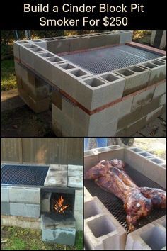 an outdoor bbq grill made out of cinder blocks and bricks with the words build a cinder block pit smoker for $ 350