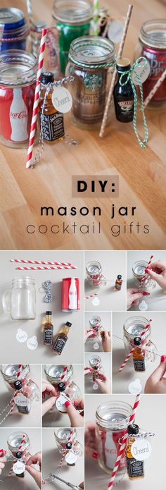 mason jar cocktails with candy canes and candies