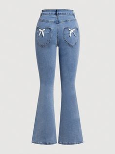 Women's Solid Color Simple Bows Decoration Flared Jeans For Daily Wear Light Wash Casual   Denim Plain,Butterfly Flare Leg Medium Stretch  Women Clothing, size features are:Bust: ,Length: ,Sleeve Length: Flare Pants Women, Butterfly Flare Jeans, Cute Unique Jeans, Cute Jeans Flare, Cute Pants For Women, Low Rise Flair Jeans, Y2k Dark Wash Jeans, Blue Jean Bell Bottoms, Pink Flared Jeans