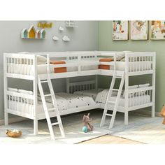 the bunk bed has two sets of ladders on each side and one set of drawers underneath it